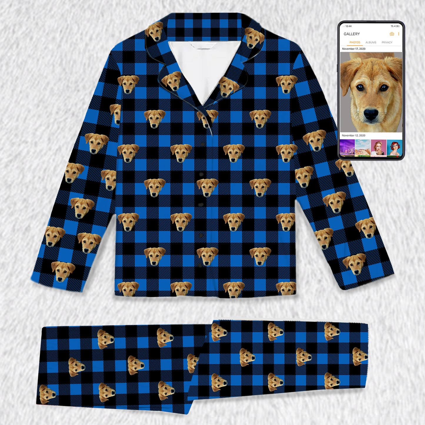 Blauw-geruit pyjamapakket – Gepersonaliseerd ontwerp met huisdier (voor volwassenen en kinderen)