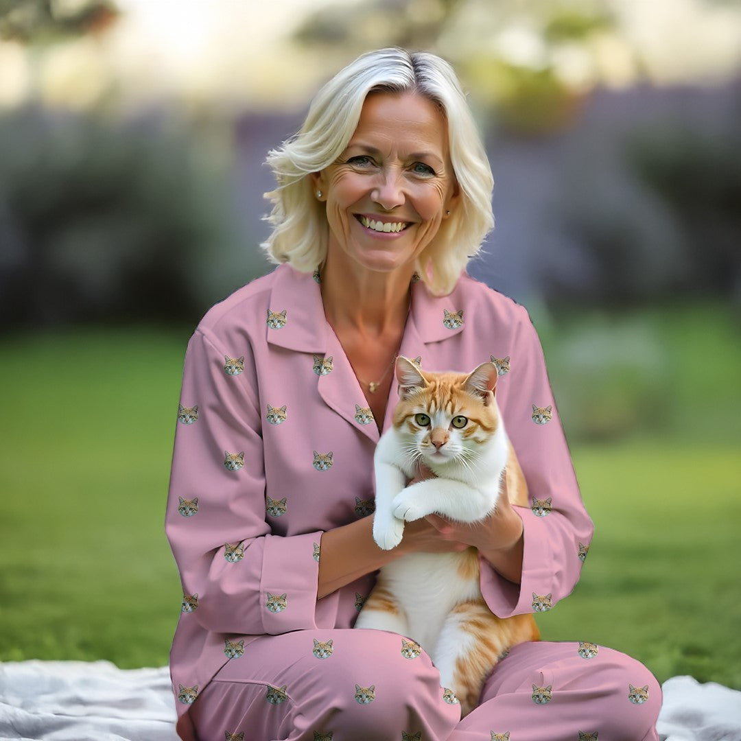 Vrouw met roze gepersonaliseerde pyjama met kattenprint, houdt een oranje cyperse kat buiten vast