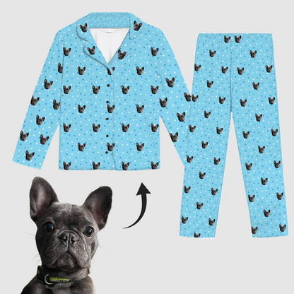 Babyblauw pyjamapakket met pootafdrukken – Gepersonaliseerd ontwerp met huisdier (voor volwassenen en kinderen)